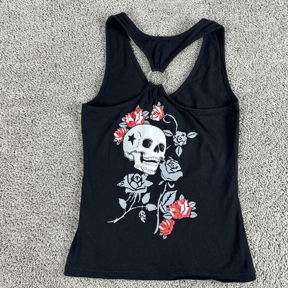 Venus Skull Rose Tank Top Womens Small Black Graphic Racerback Ring Detail Goth - Picture 1 of 11
